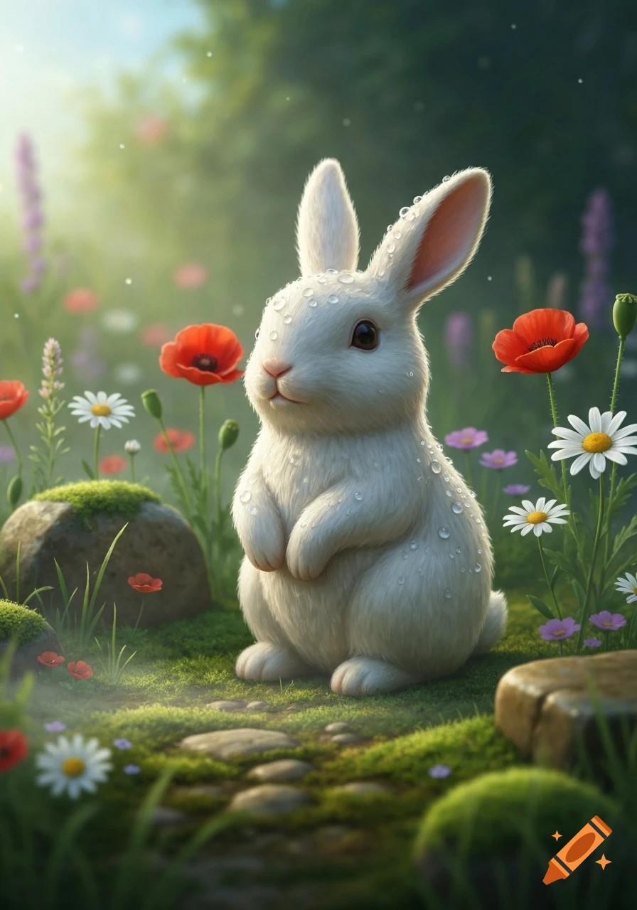 A cute white bunny with water droplets on its fur sits in a lush green ...