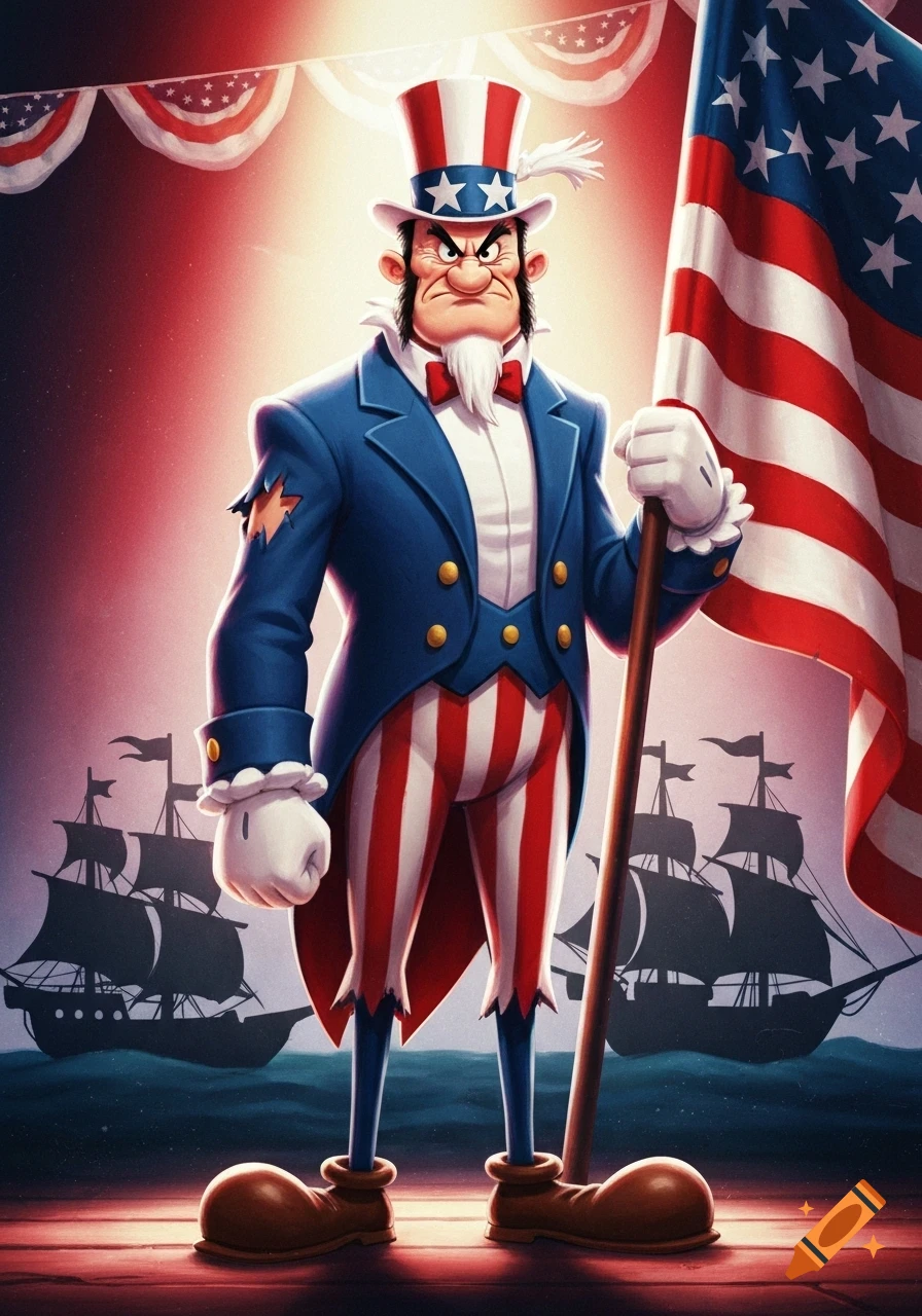 A cartoonish, angry Uncle Sam, resembling Bluto, stands holding a large American flag with colonial ships in the background.