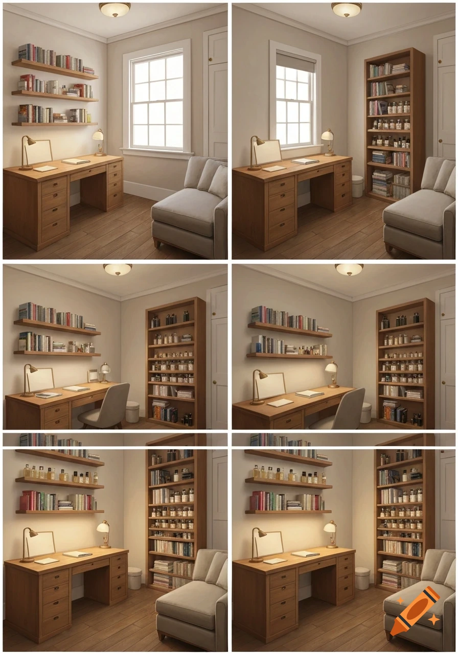 Six grid images showing different arrangements of a home office or spare bedroom with a desk, shelves with books and perfume bottles, a window, and a gray chaise lounge.