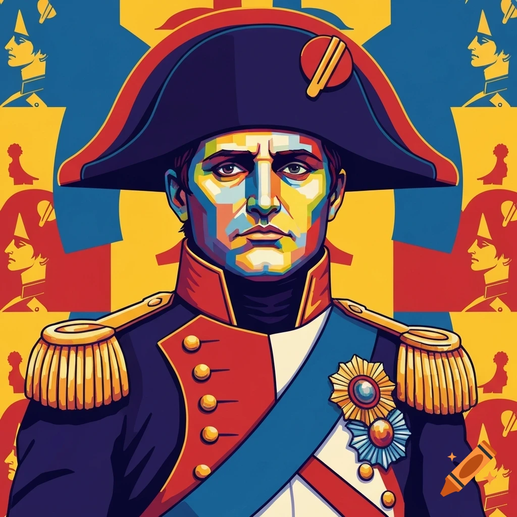 Pop art portrait of Napoleon Bonaparte in uniform against a colorful geometric background.