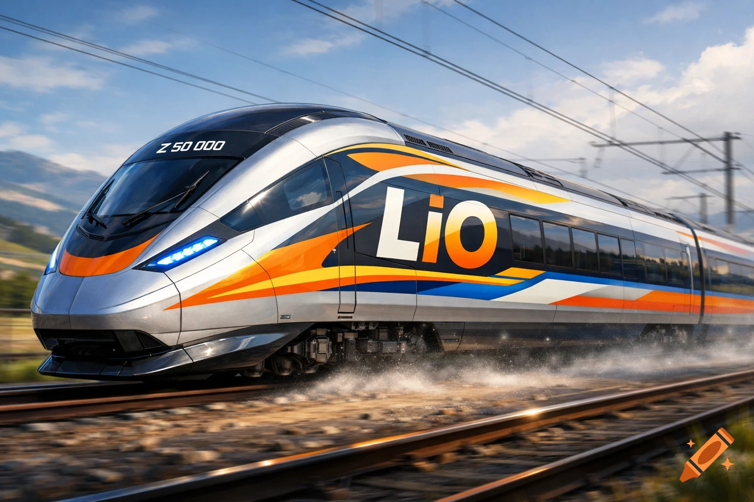 A sleek, modern high-speed train with silver, orange, blue, and black livery, featuring "Z 50 000" and "LiO" branding, speeds down tracks under a blue sky.