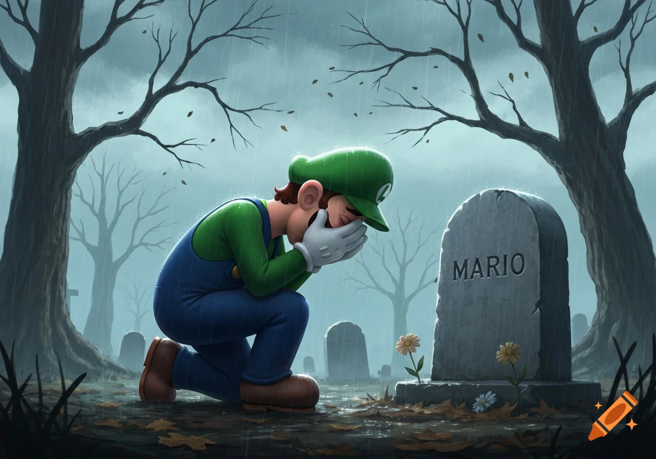 Luigi kneels, crying, in front of a gravestone marked 'MARIO' in a rainy graveyard with bare trees.