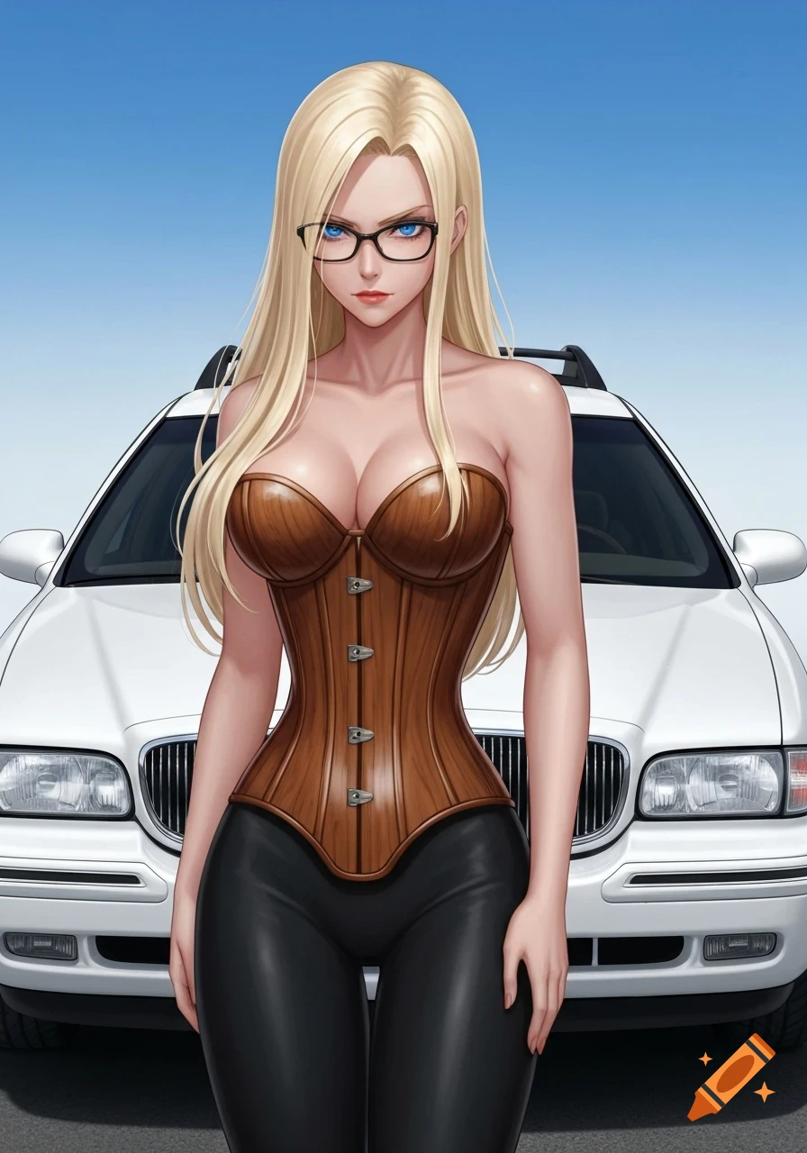 An anime woman with blonde hair and glasses, wearing a wood-grain corset and black pants, stands sternly in front of a white car.