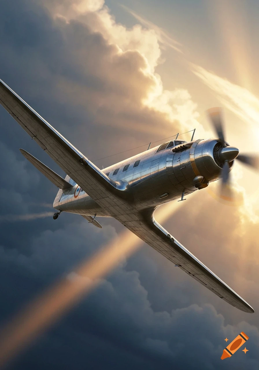 A vintage silver propeller plane with a roundel flies through a dramatic sky with sun rays shining through dark clouds.