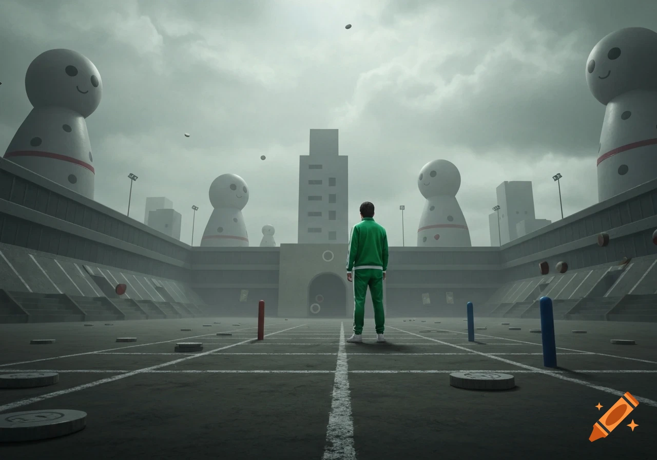A person in a green tracksuit stands in a vast, empty stadium under a cloudy sky, looking towards towering, smiling, bowling-pin-shaped figures.