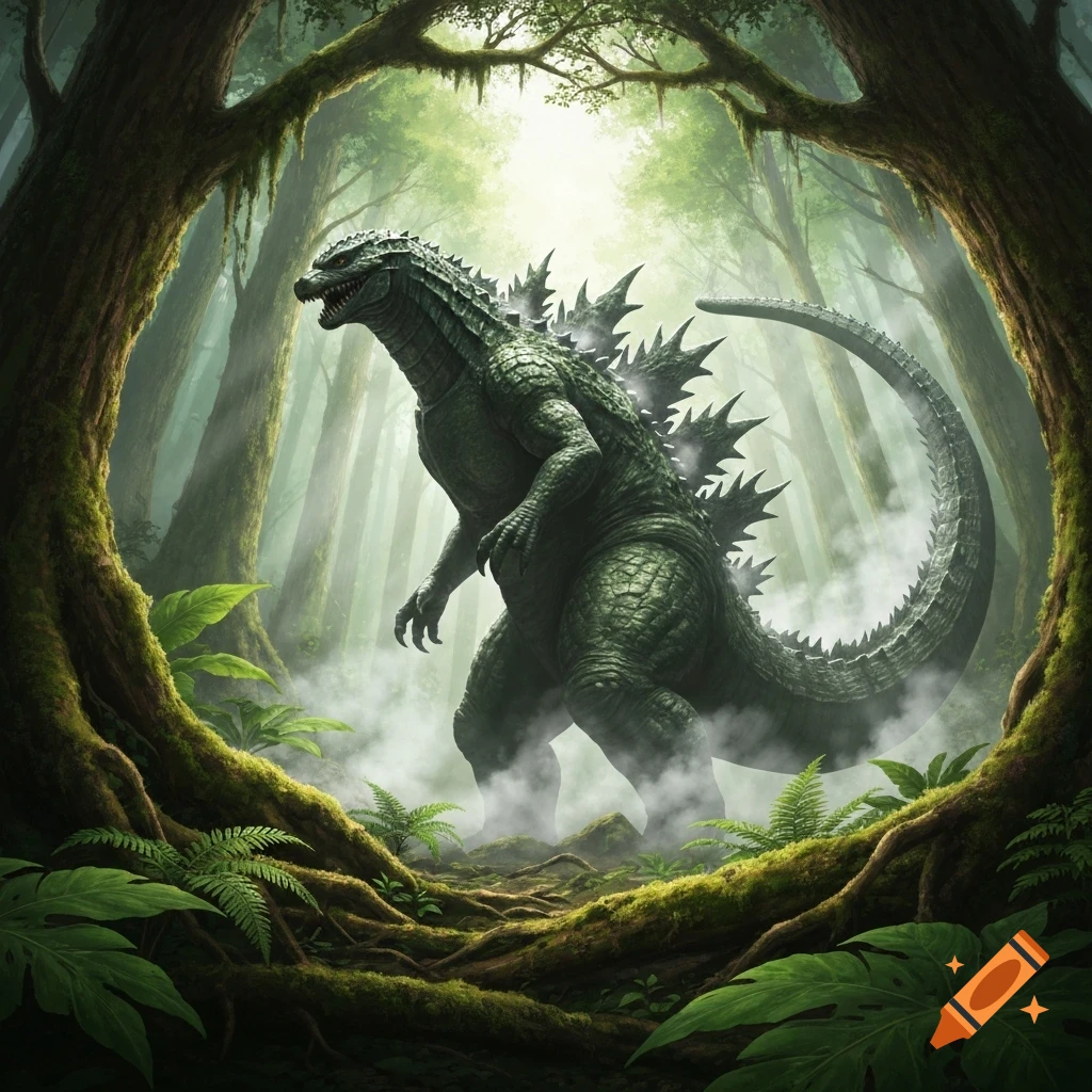 A towering green Godzilla stands majestically in a misty, sunlit forest, surrounded by ancient trees and mossy roots.