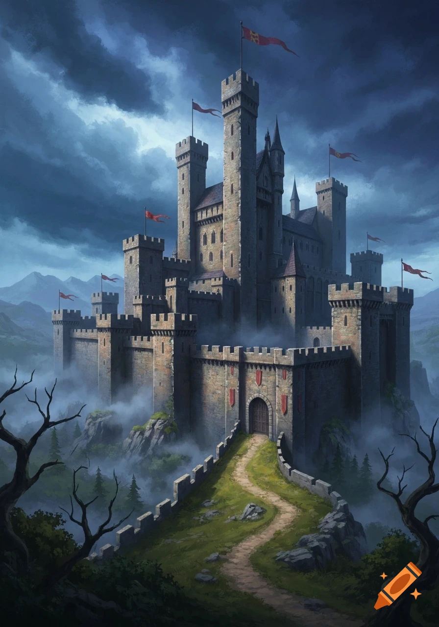 A grand medieval castle with numerous towers and red flags stands on a misty hill, a winding path leading to its main gate under a cloudy sky, in a fantasy art style.