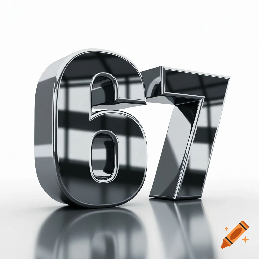 A close-up of the numbers 67 rendered in shiny chrome metal with reflections, standing on a reflective white surface.