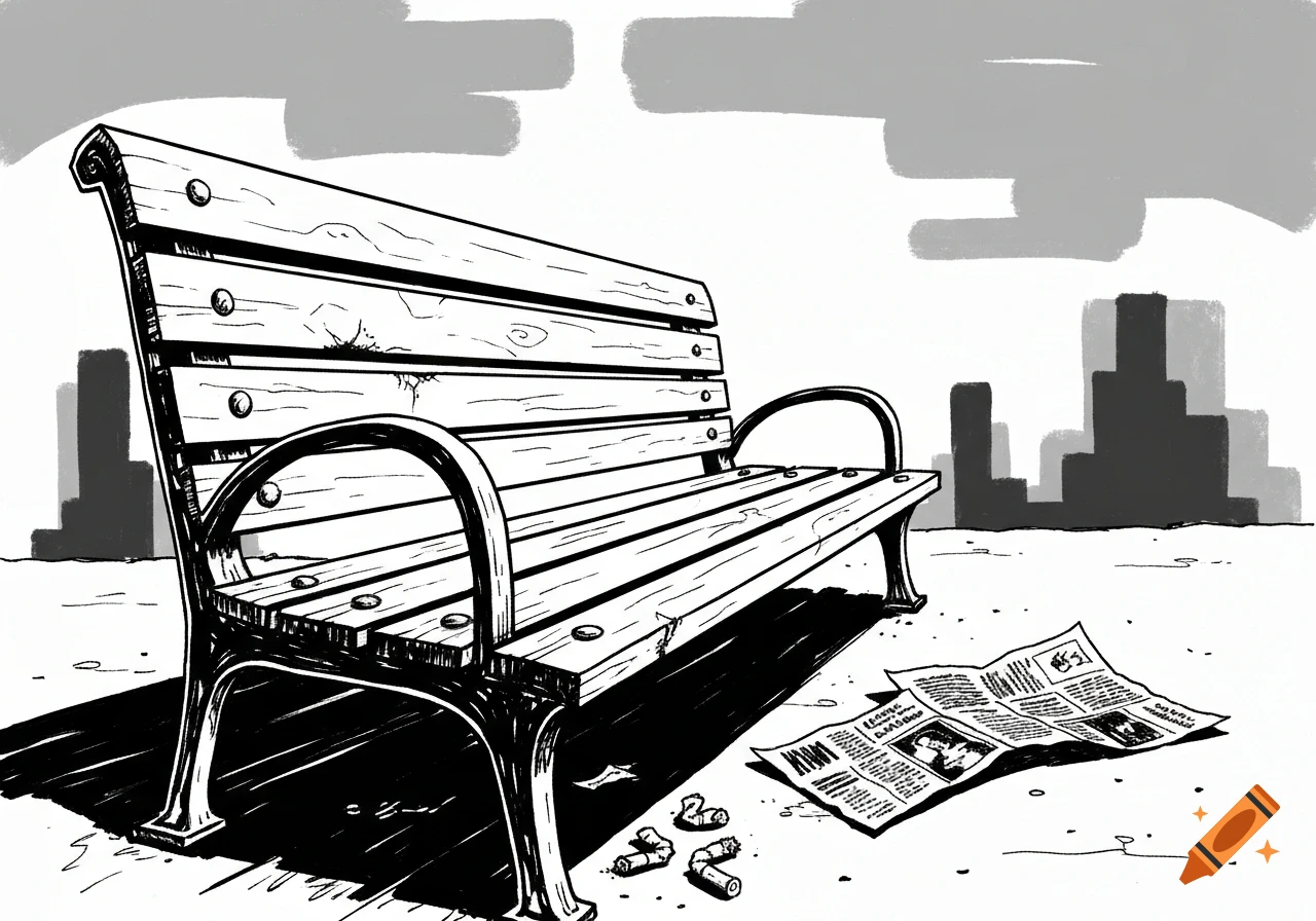 Black and white comic illustration of an empty wooden park bench, with newspaper and cigarette butts on the ground, city buildings in the background.