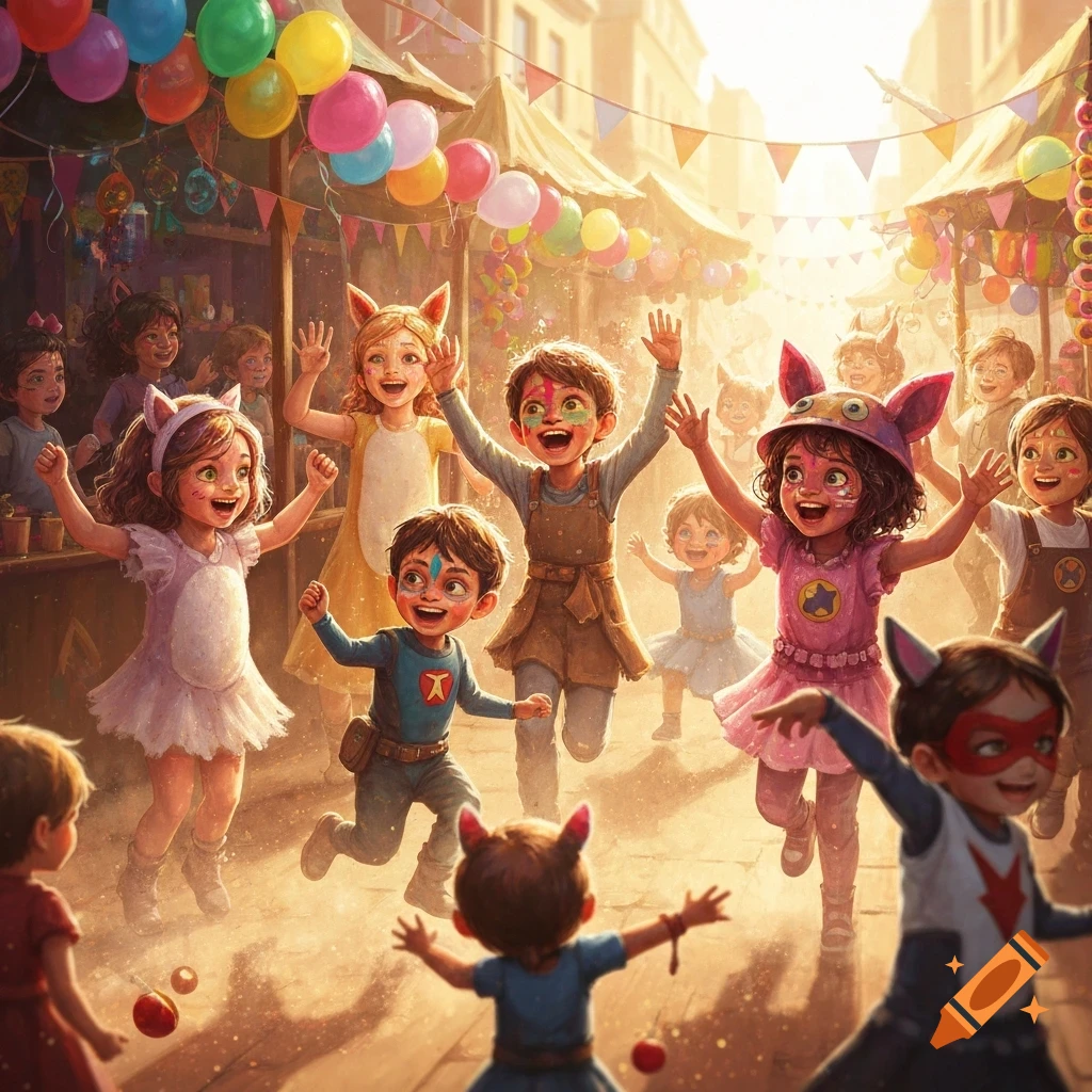 Joyful children in colorful costumes and face paint run and play at a sunny outdoor carnival with balloons and market stalls.