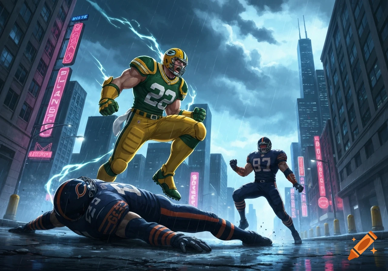 An anime-style image of a Green Bay Packers player jumping over a fallen Chicago Bears player in a rainy city with lightning.