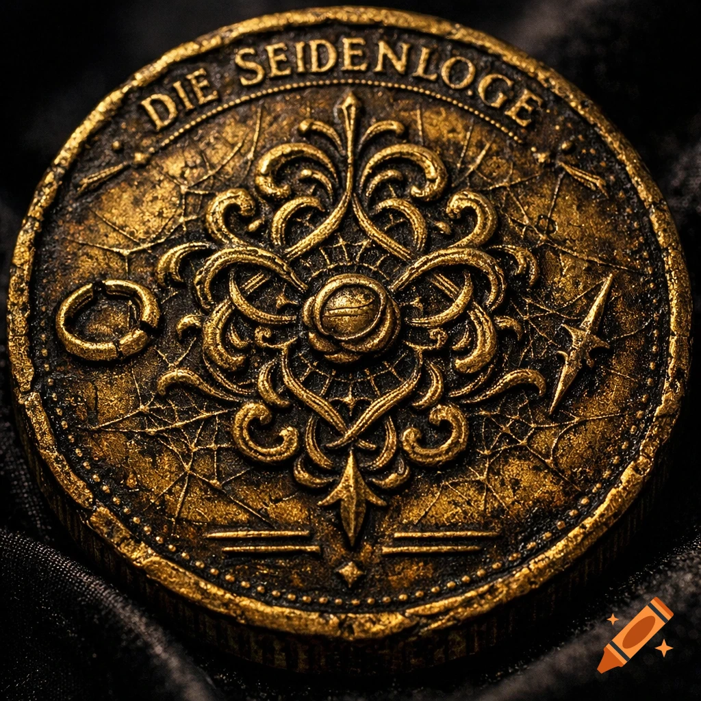 A highly detailed, ornate dark gold coin with the inscription 'DIE SEIDENLOGE' and intricate patterns, on dark fabric.