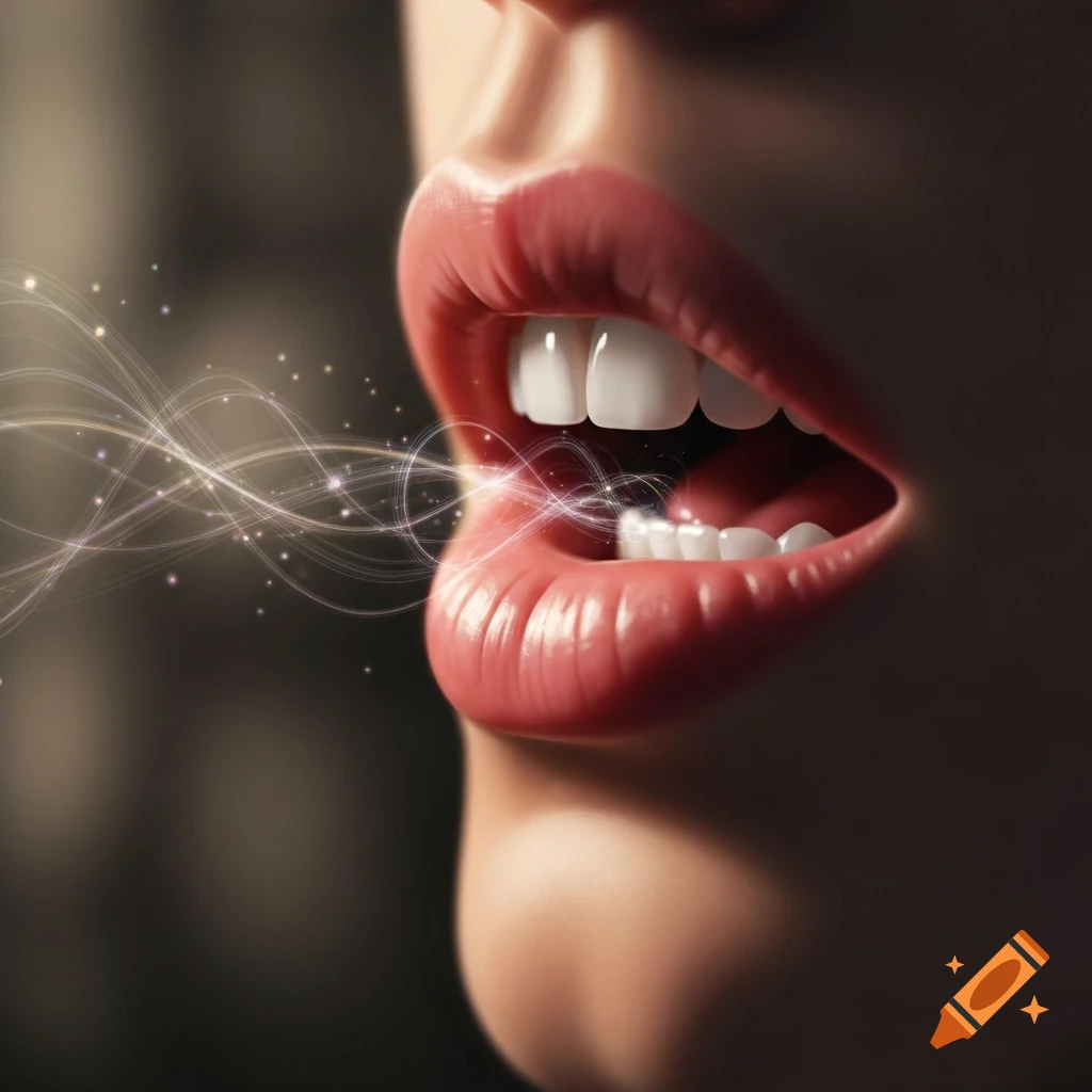 Close-up of an open mouth with glossy red lips and white teeth, emitting glowing white and purple light trails and particles.