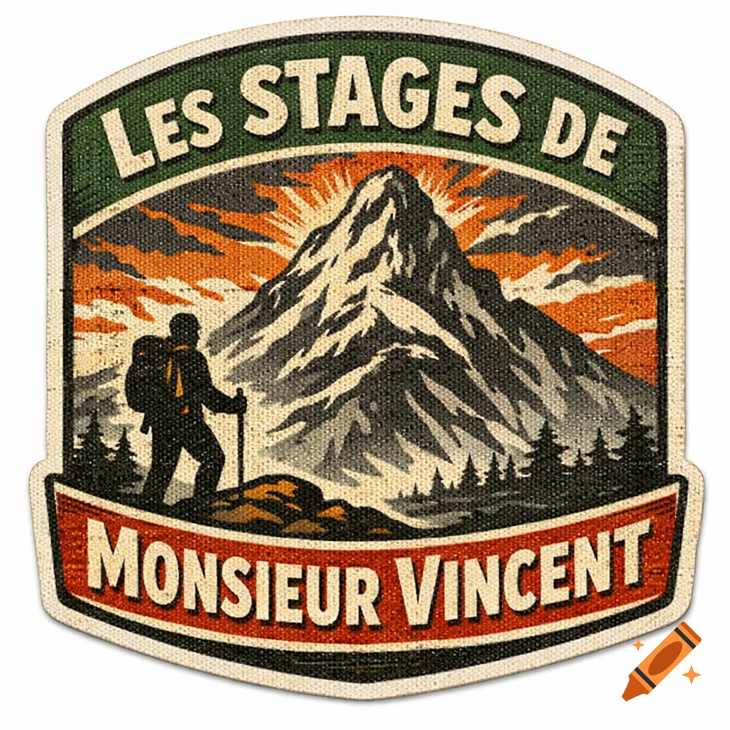 Vintage-style sticker for 'Les Stages de Monsieur Vincent' featuring a lone hiker facing a sun-drenched mountain.