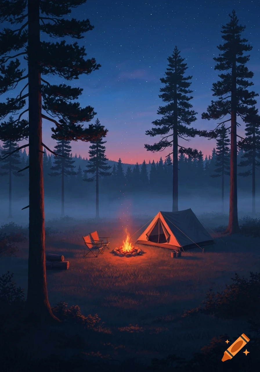 A serene camping scene with a glowing campfire and a tent in a misty forest under a starry twilight sky.