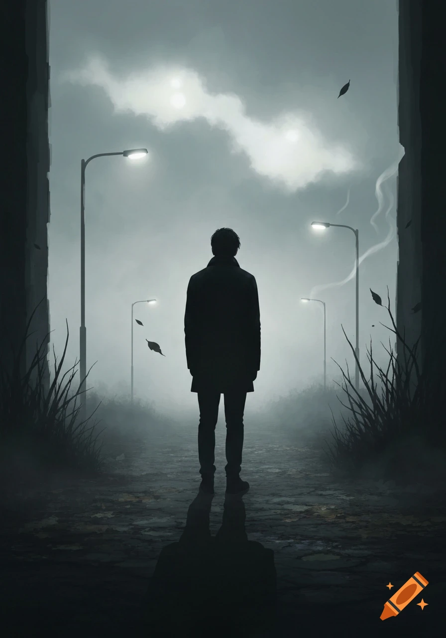 A solitary figure stands on a foggy street lined with streetlights, looking away, in a dark, moody style.