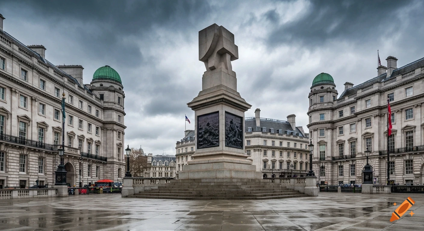 Wide-angle view of a modern sculpture on a stone plinth in a wet, historic city square under a cloudy sky.