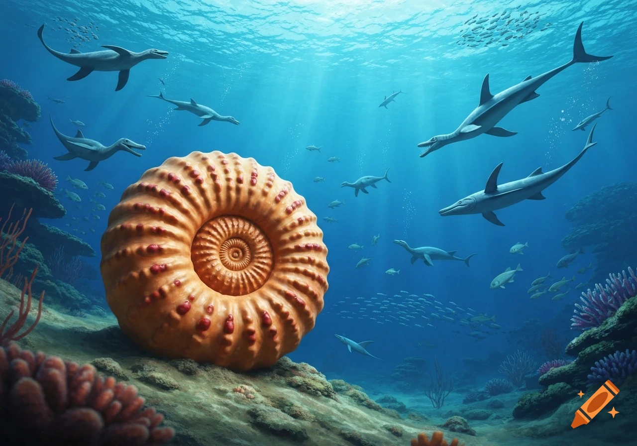 Large orange ammonite fossil on the seabed with prehistoric marine reptiles and fish swimming in a deep blue ocean.