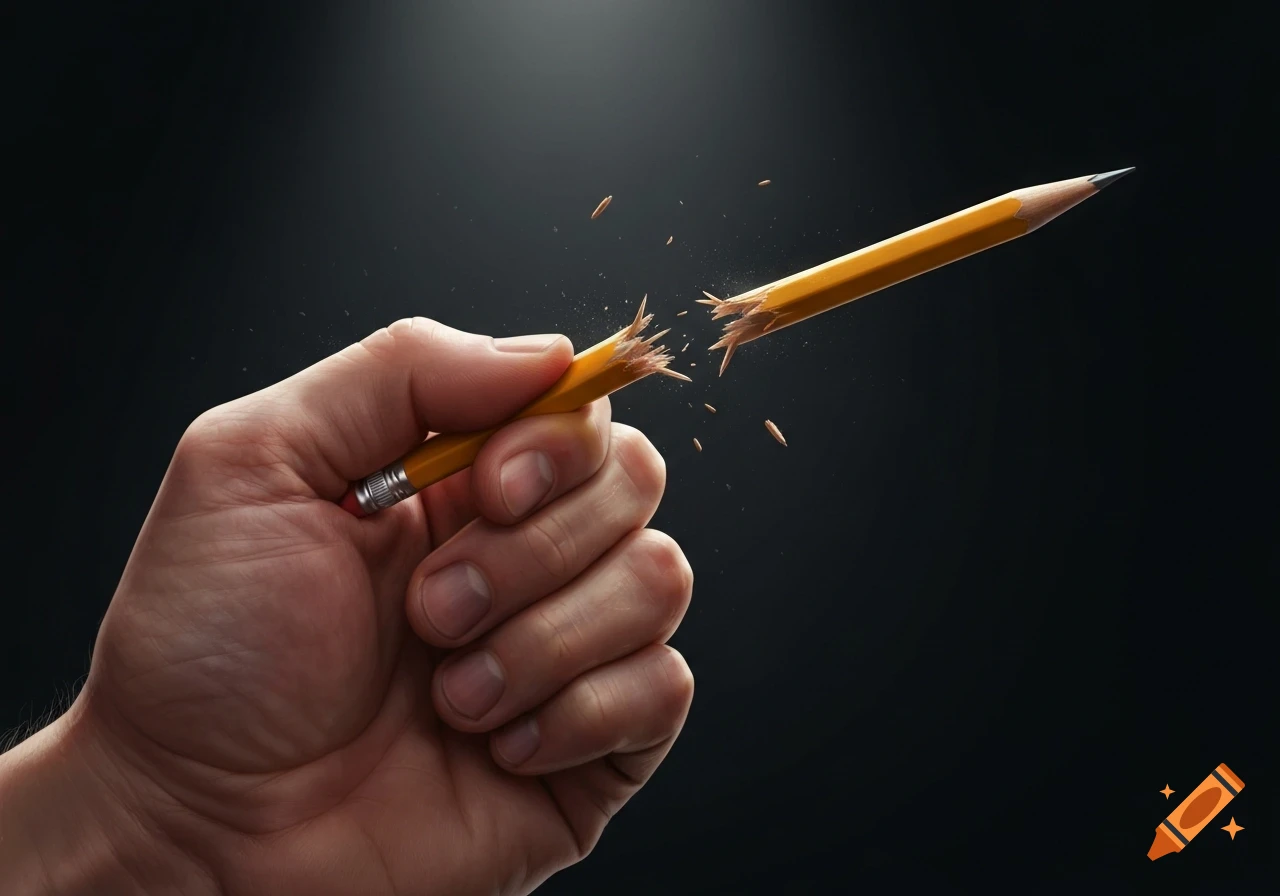 A hand firmly grasping a yellow pencil snapped in two, with broken wood shards flying against a dark background.