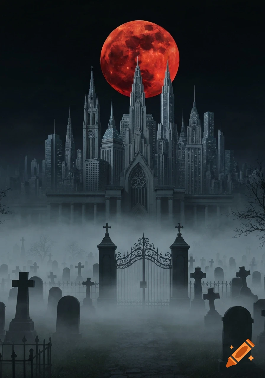 A foggy graveyard with gravestones and a tall gate, leading to a gothic cityscape under a red blood moon.