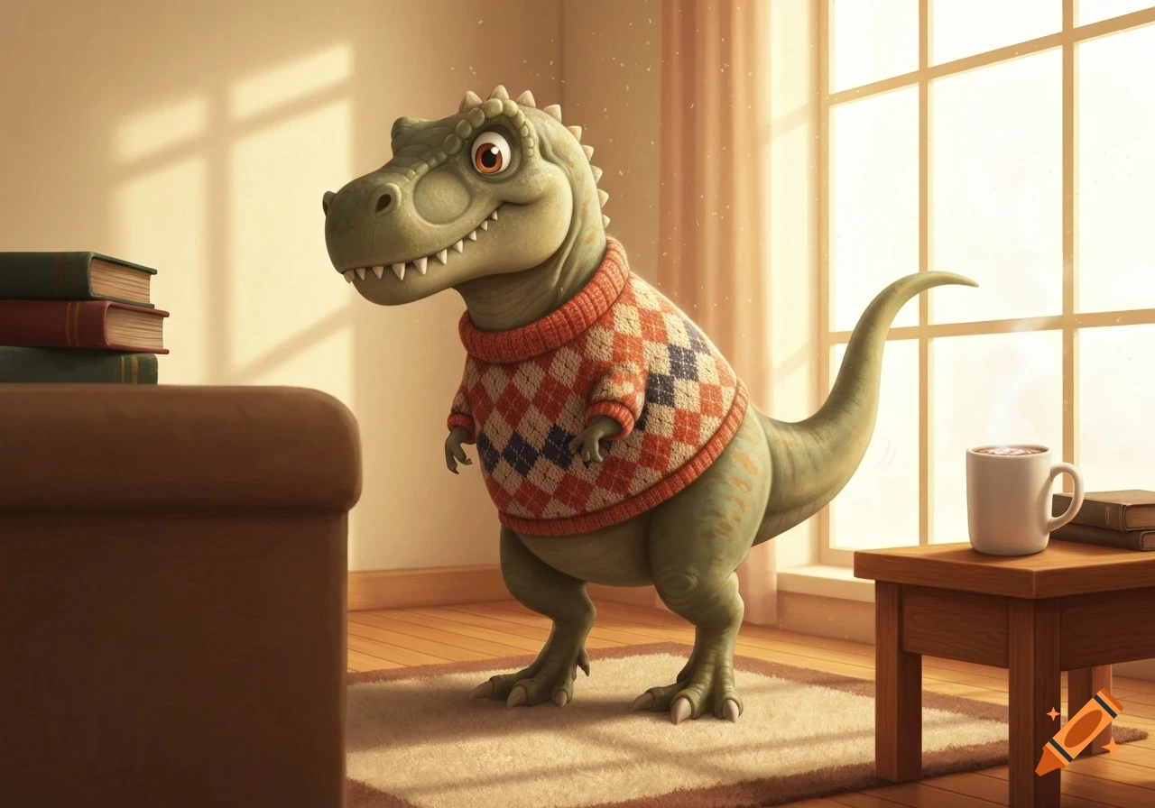 A friendly, cartoon T-Rex wearing an argyle sweater stands in a cozy room with sunlight streaming through a window.