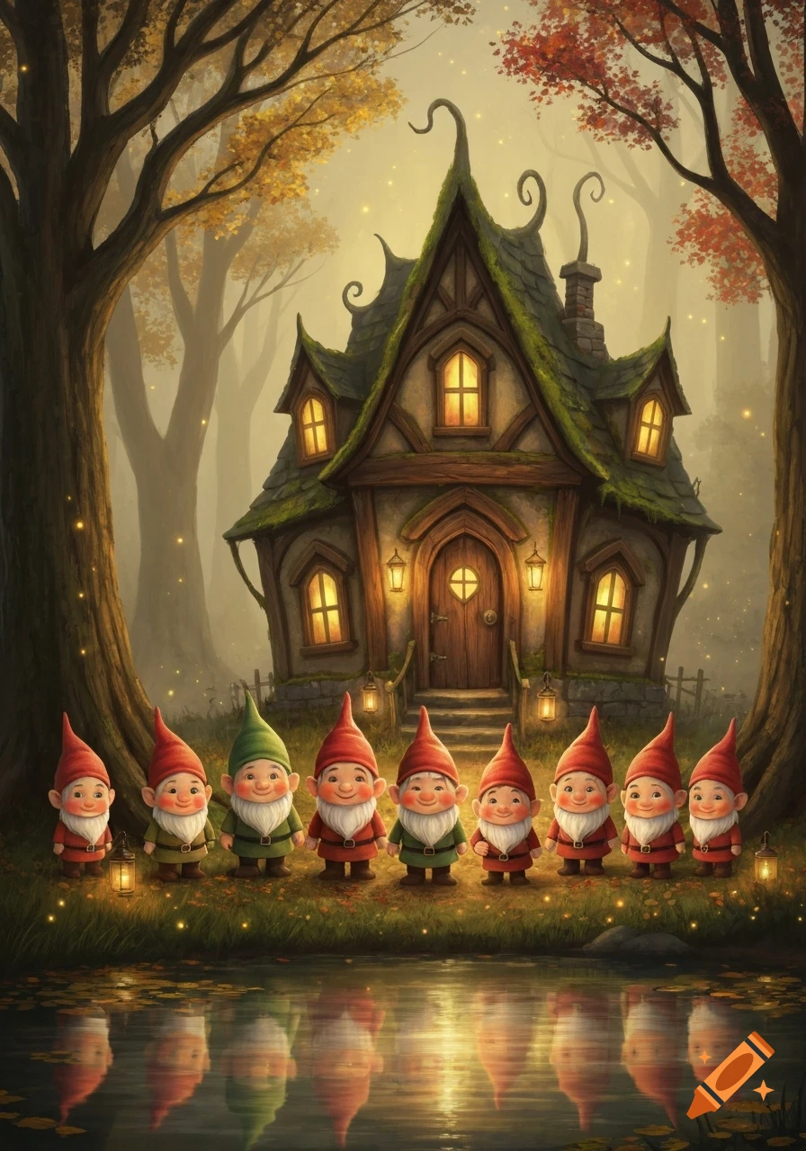 Eight cheerful gnomes stand before a whimsical, moss-covered cottage in an enchanted autumn forest, reflected in a still pond.