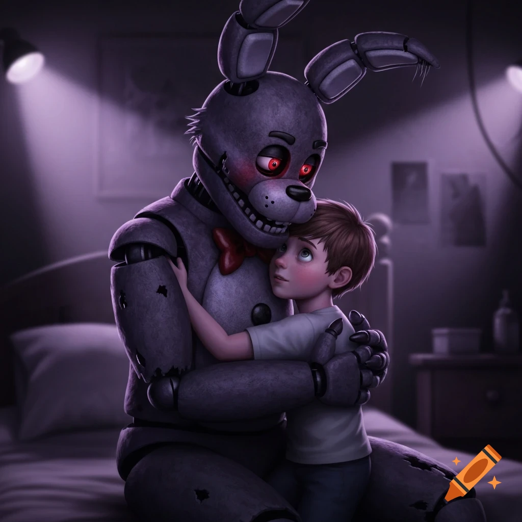 Digital art of Nightmare Bonnie, a tattered purple animatronic with red eyes, hugging a small boy in a dark room.
