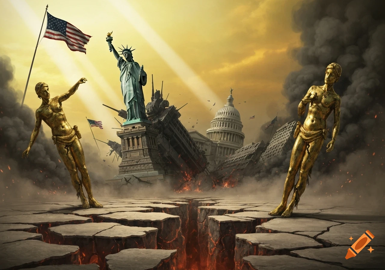 A dystopian scene shows the Statue of Liberty and the US Capitol collapsing amid smoke, with two golden male statues and cracked earth revealing lava below.