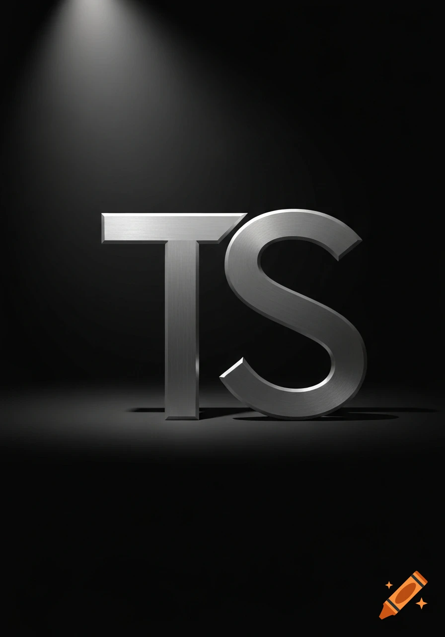 Large silver 3D letters 'T' and 'S' stand on a dark surface under a spotlight, casting shadows.