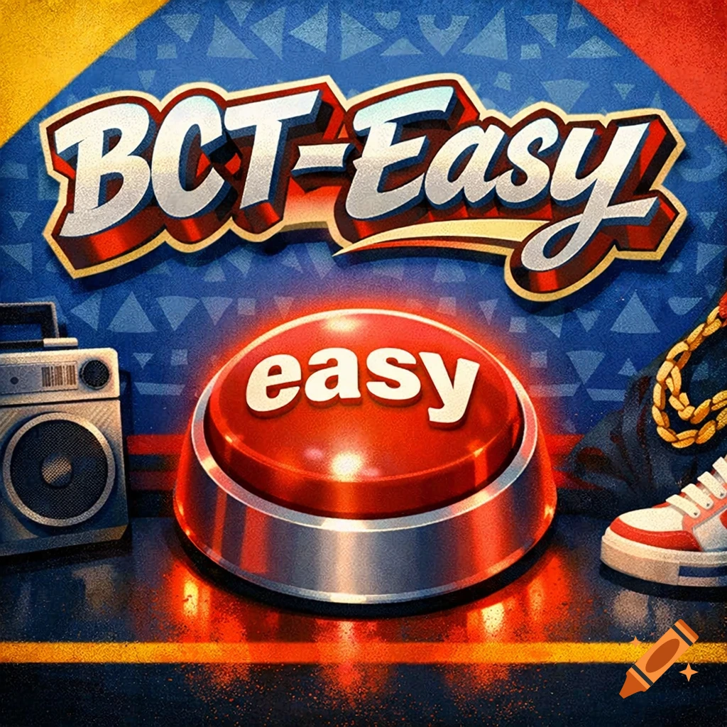 A vibrant 90s hip hop-themed graphic with a central red 'easy' button, 'BCT-Easy' text, a boombox, and a sneaker.