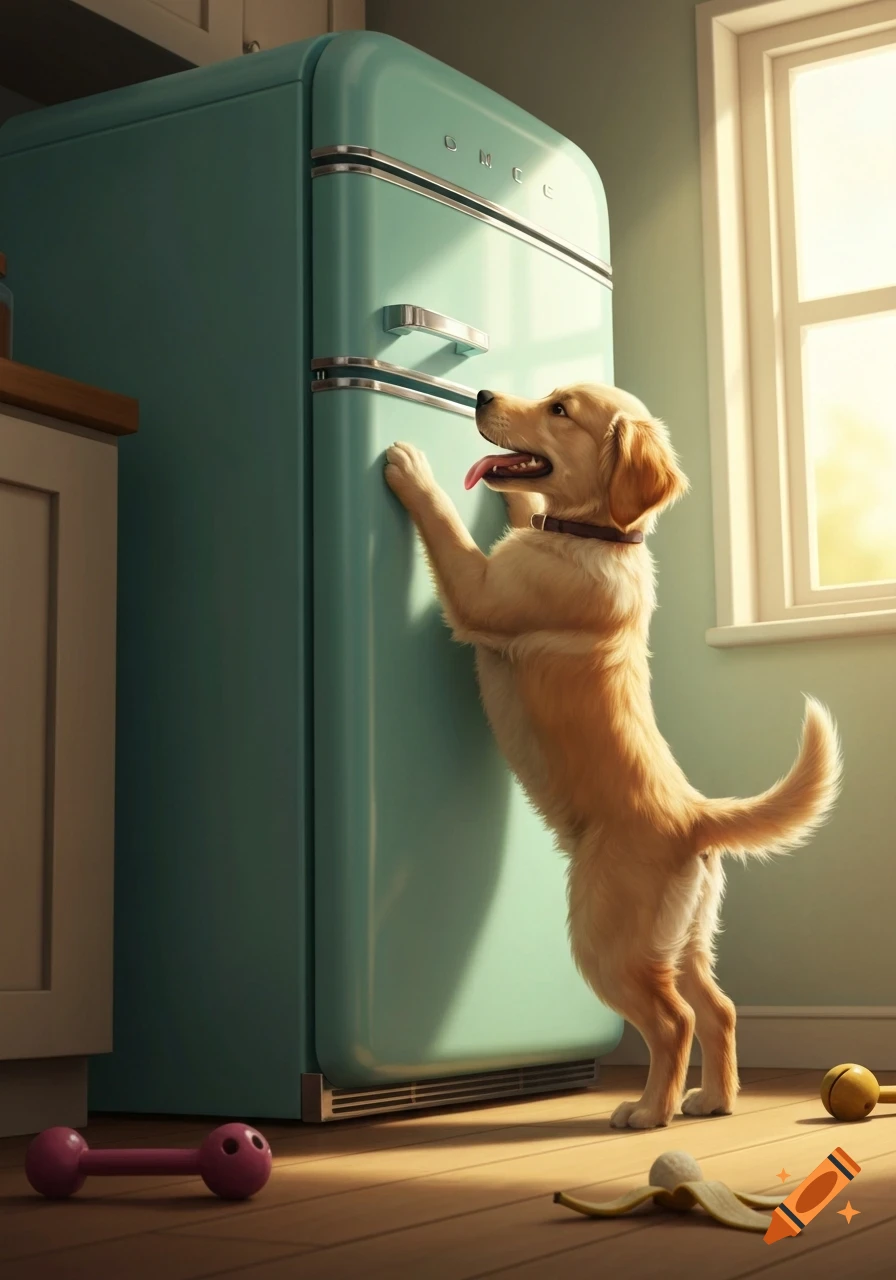 A golden retriever puppy stands on its hind legs, paws on a retro-style teal refrigerator, with its tongue out in a sunny kitchen.
