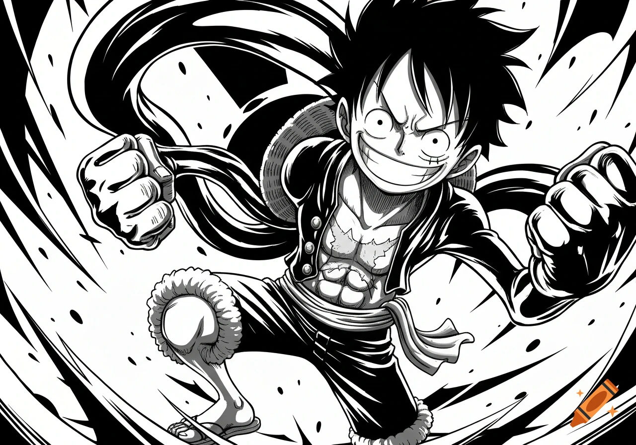 Dynamic black and white manga illustration of Monkey D. Luffy in Gear 5, smiling with fists clenched.
