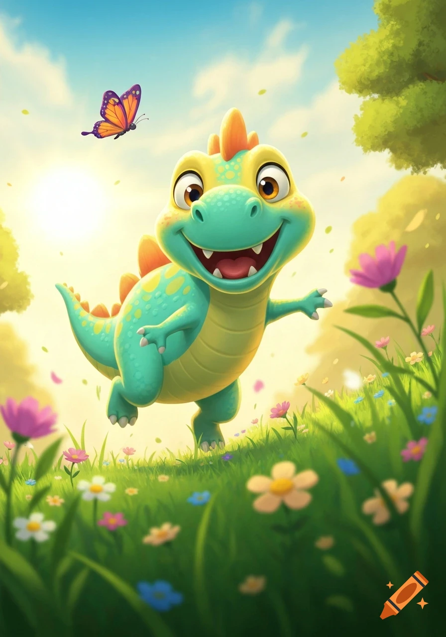 A happy, cute green and yellow cartoon dinosaur runs through a sunny meadow with colorful flowers and a butterfly.