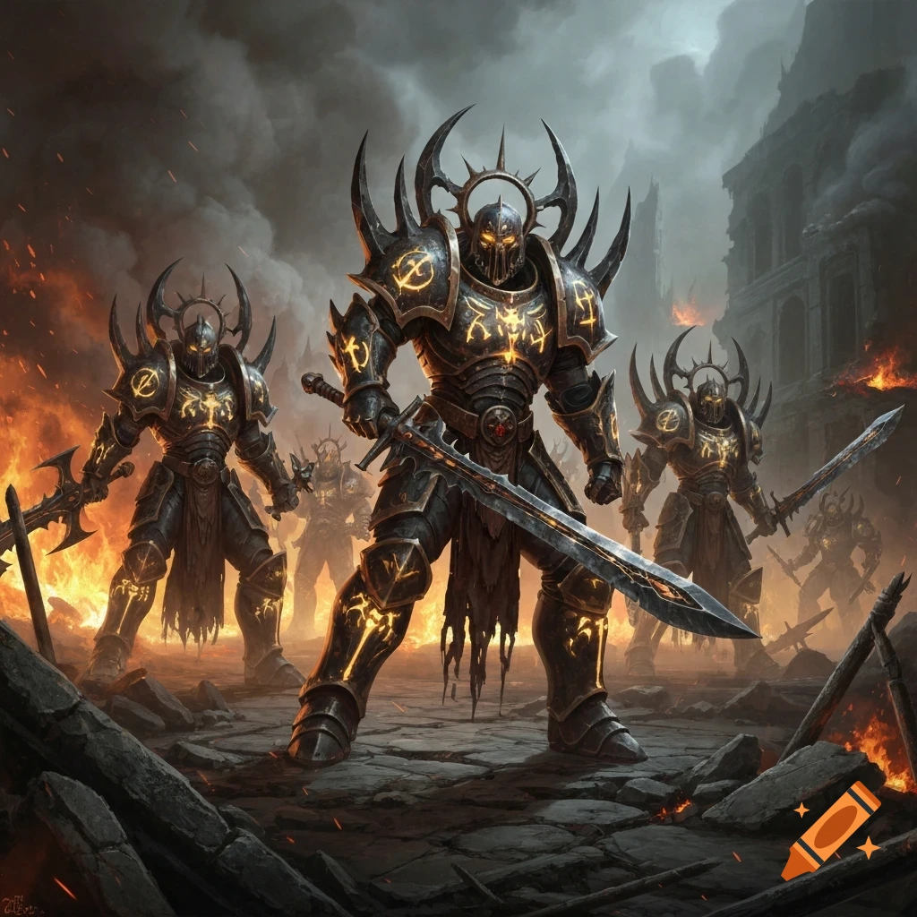 Heavily armored, menacing warriors with glowing runes and large swords stand in a fiery, ruined battlefield under a dark sky.