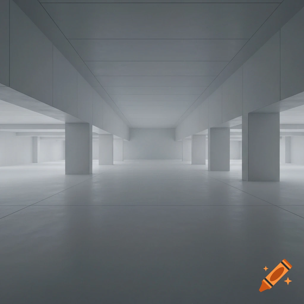An empty, vast, minimalist concrete hall with rows of tall white pillars and a receding perspective.
