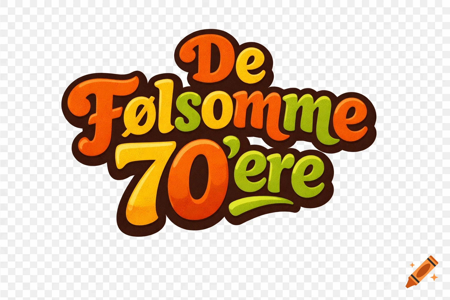 Funky, colorful text reading "De Følsomme 70'ere" with a brown outline and textured fill on a transparent background.