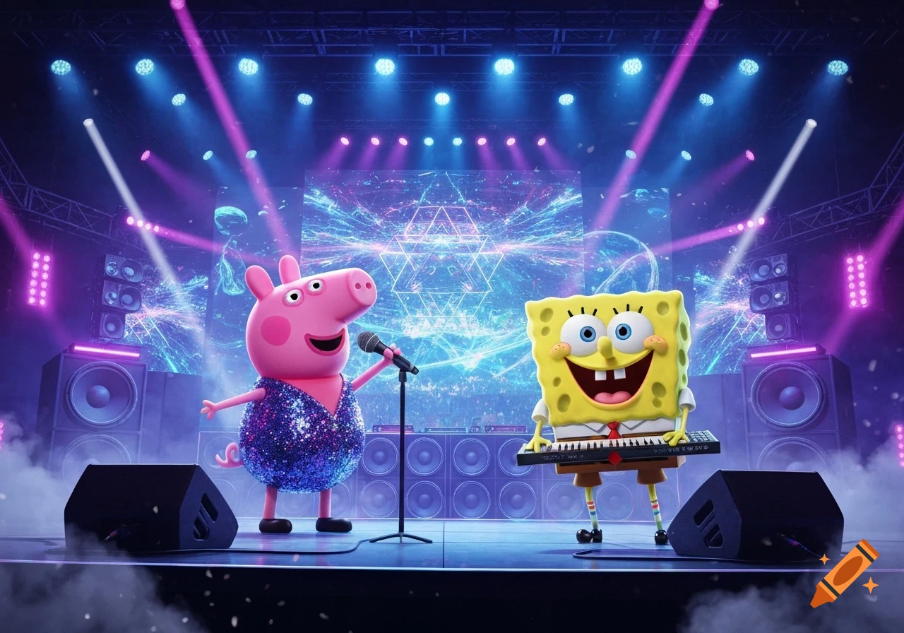 3D animated Peppa Pig singing into a microphone and SpongeBob playing a keyboard on a vibrant concert stage with purple and blue lights.