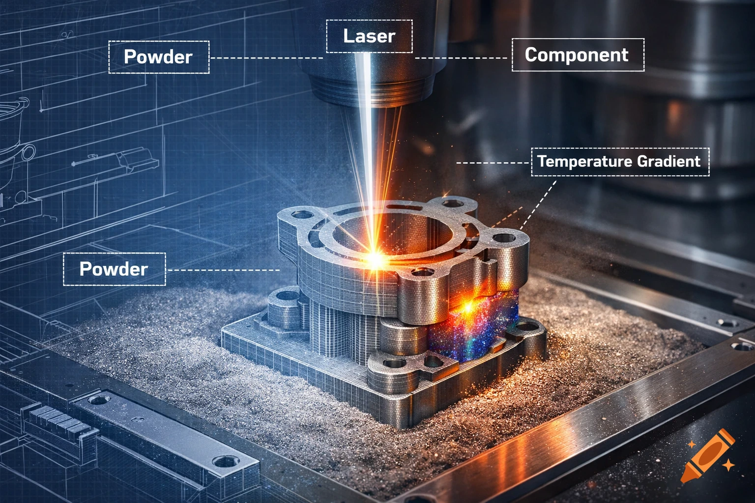 A laser 3D printer building a metal component from powder, with technical labels and a blueprint overlay.