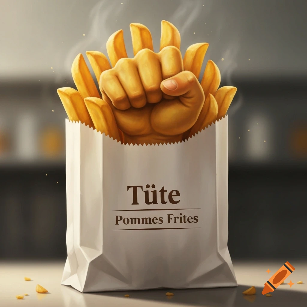 A stylized fist made of french fries emerges from a white paper bag labeled 'Tüte Pommes Frites', with steam rising.