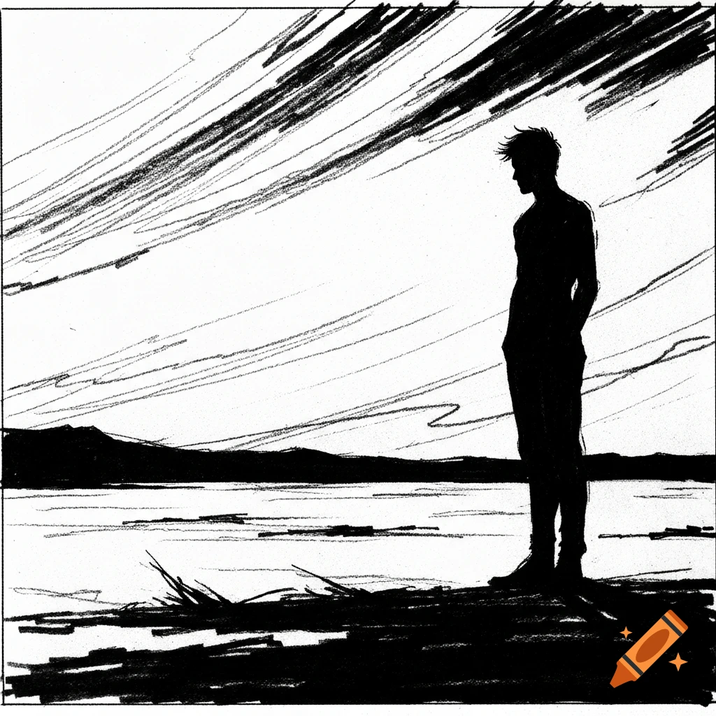 Black and white sketch of a solitary man in silhouette by water, looking at mountains under a dramatic sky.