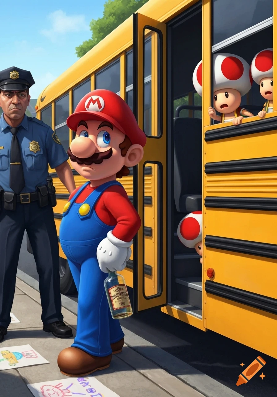 Mario holding a liquor bottle with a police officer behind him, as Toads look out a school bus window.