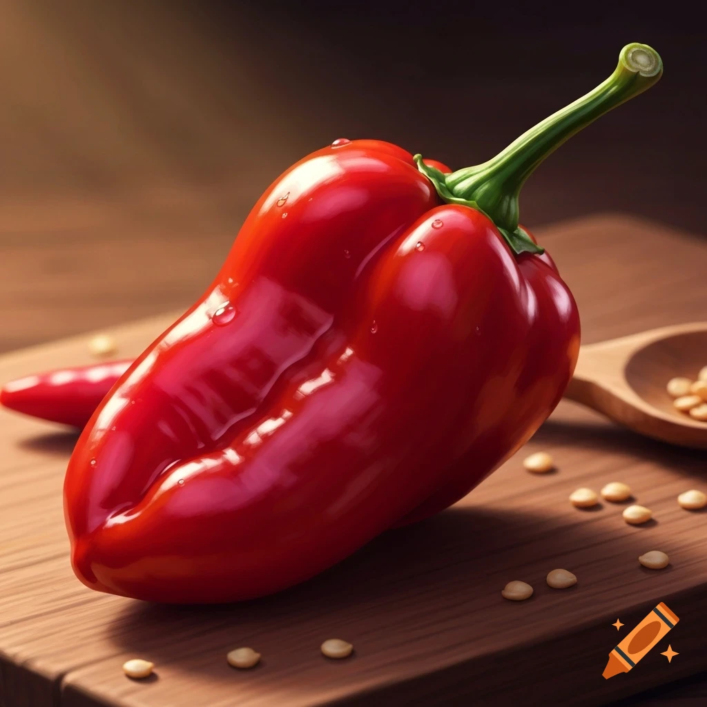 A vibrant red bell pepper with water droplets sits on a wooden cutting board, surrounded by scattered seeds. Photorealistic.