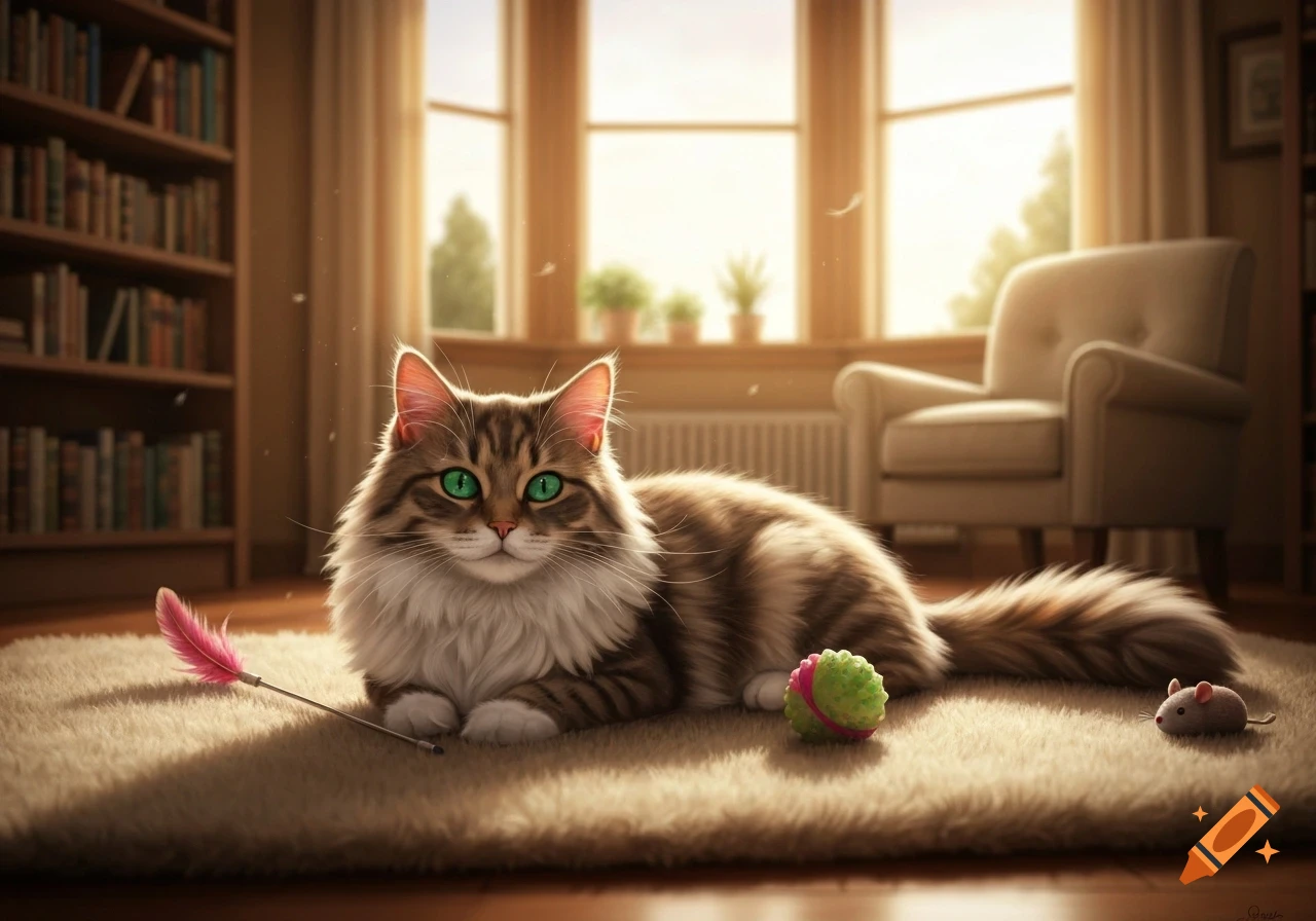 A fluffy tabby cat with bright green eyes lies on a light rug, surrounded by toys, in a sunlit room with a bookshelf.