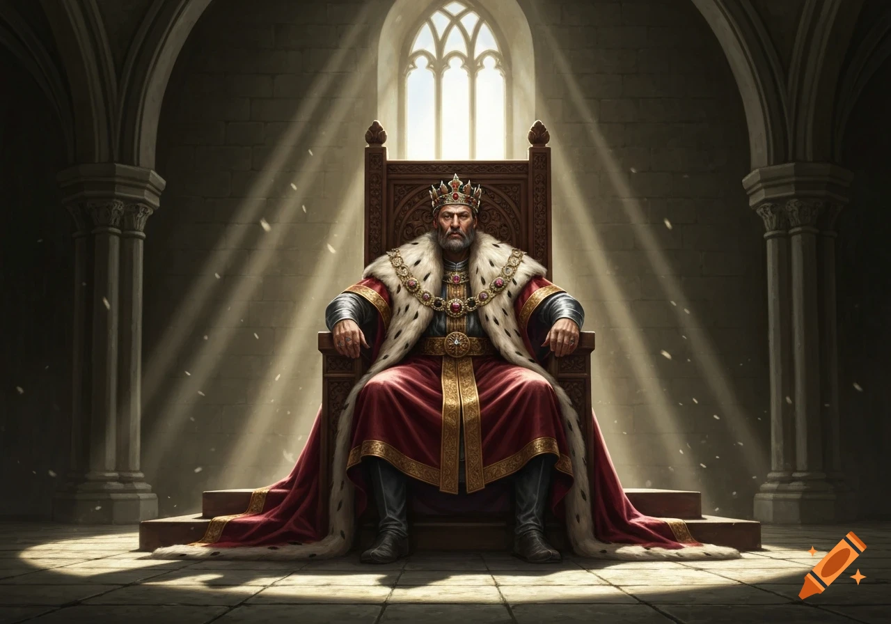 A regal king with a beard sits on an ornate wooden throne in a grand hall, bathed in sunlight from a tall arched window.