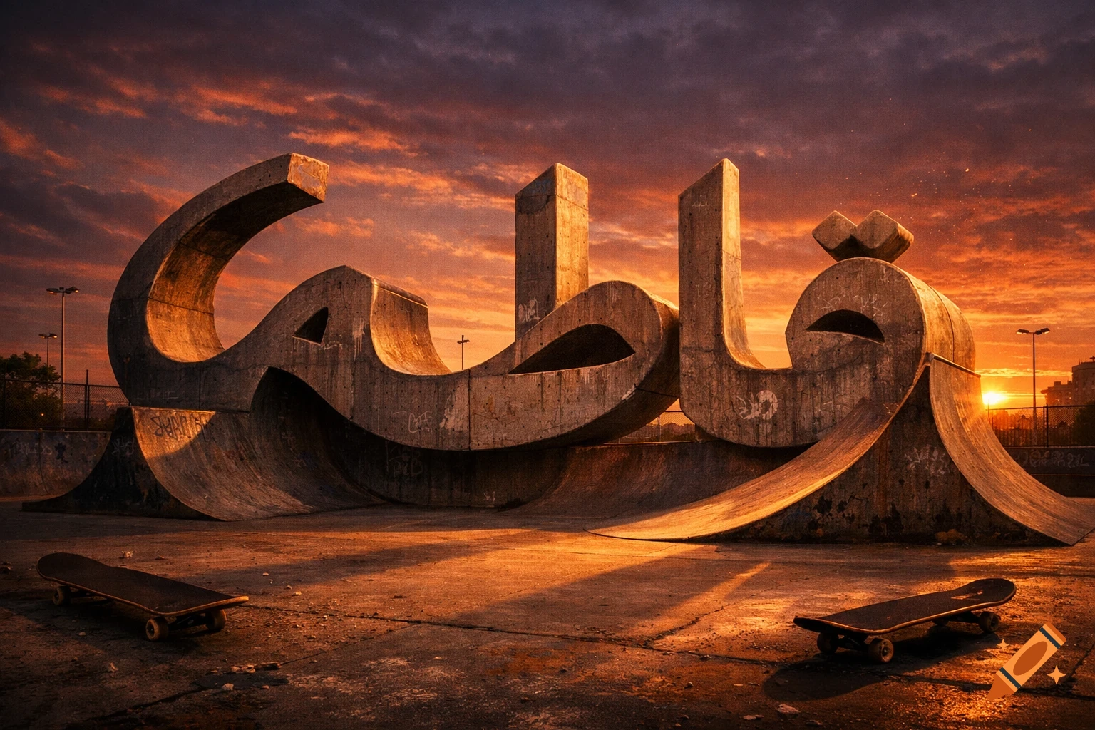 Photorealistic image of concrete skate ramps sculpted into Arabic calligraphy spelling "Fatima" at sunset, with two skateboards on the ground.