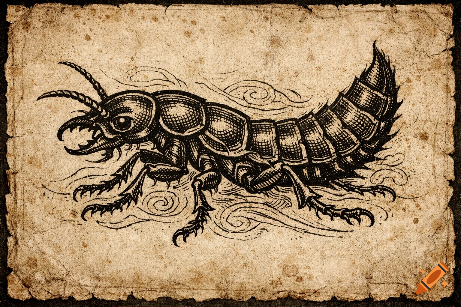 Black ink drawing of a devils coach horse beetle on aged, textured parchment paper.