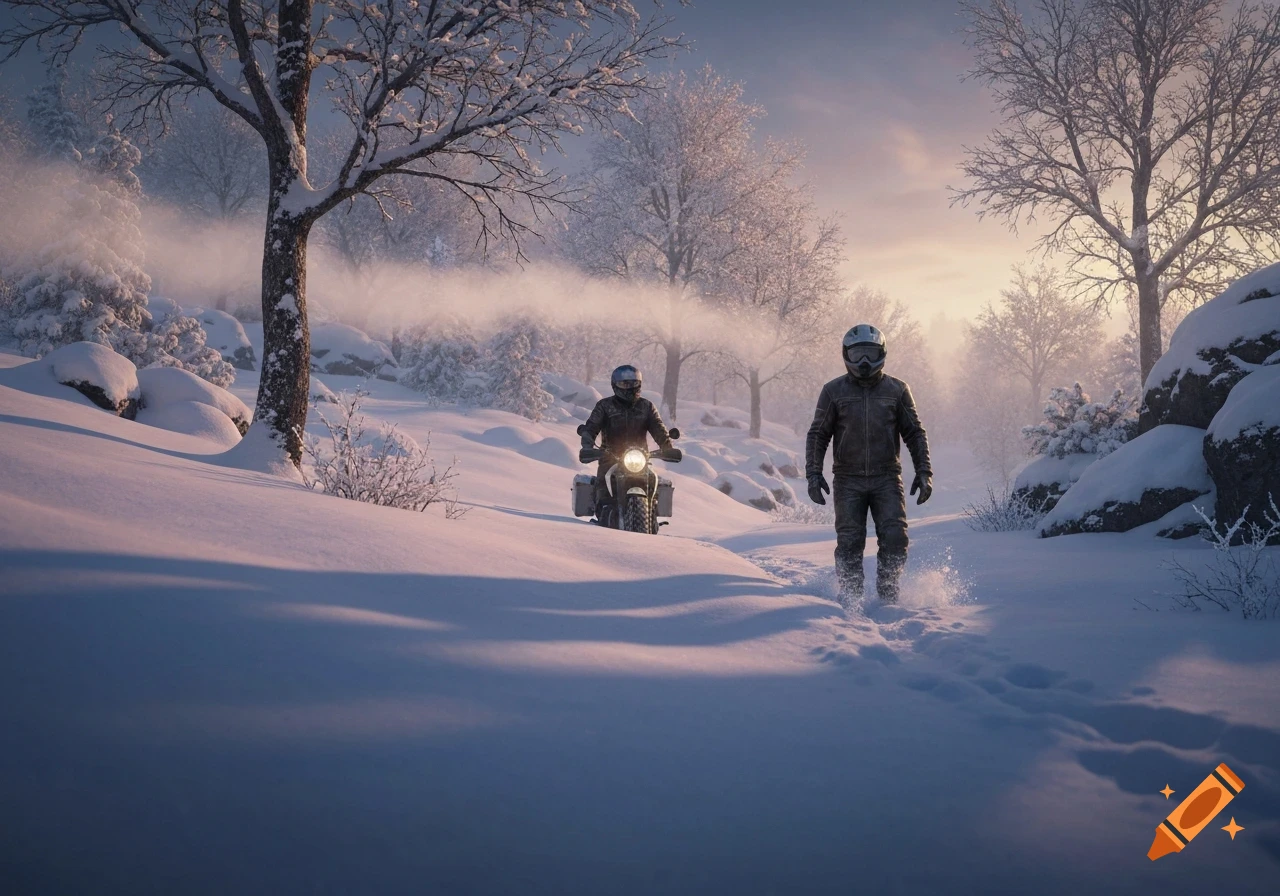 Two motorcyclists, one walking in deep snow, the other on a bike, in a dramatic, snow-covered winter landscape at sunset, photorealistic.