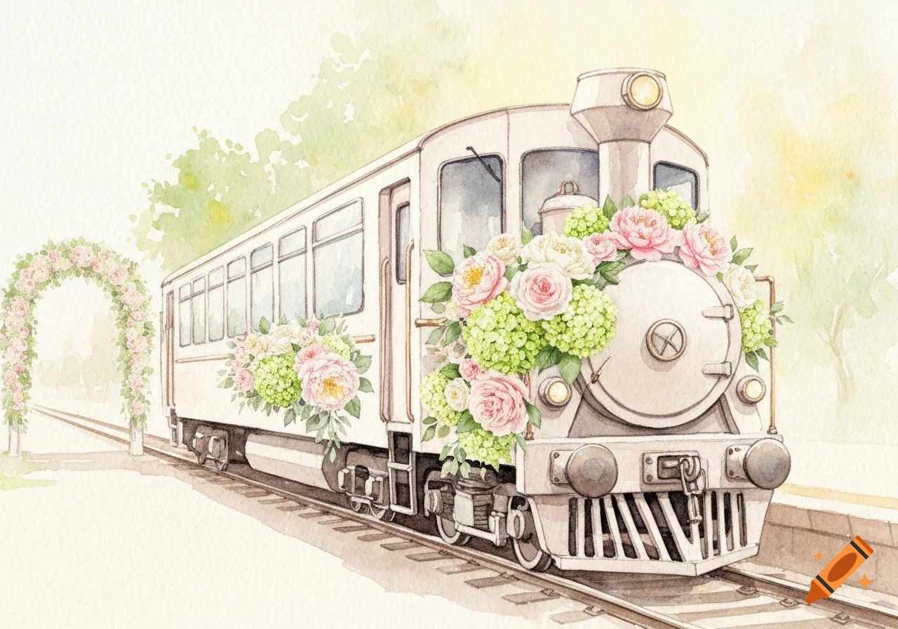 Watercolor illustration of a white train adorned with pink and white flowers, passing under a floral arch on tracks.