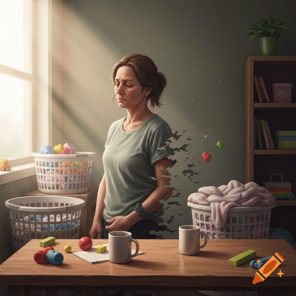 A sad-looking woman in a domestic setting disintegrates into particles, surrounded by laundry baskets, toys, and mugs.