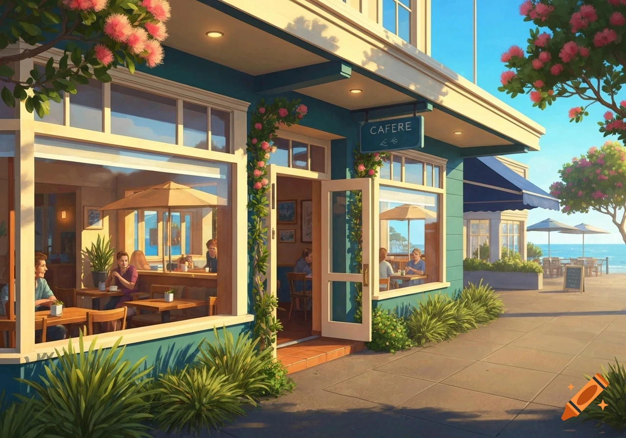 Artistic rendering of a teal cafe with pink flowers, people dining inside, and an outdoor patio overlooking the ocean.